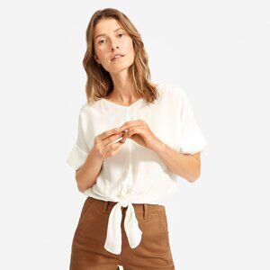 Everlane The Cupro Tie-Front Top  White Base - Size 8